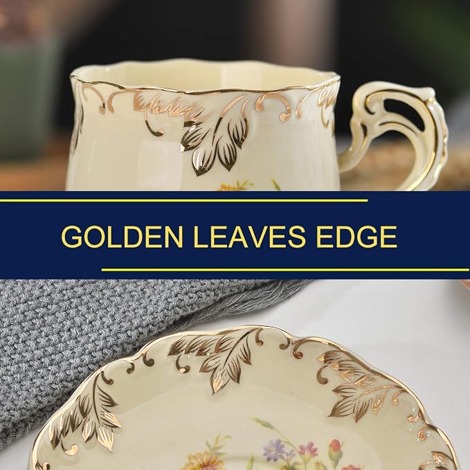 YOLIFE Tea Cups and Saucers Set of 6, 8 OZ Flowering Shrubs Coffee Cups | Ivory - Image 7