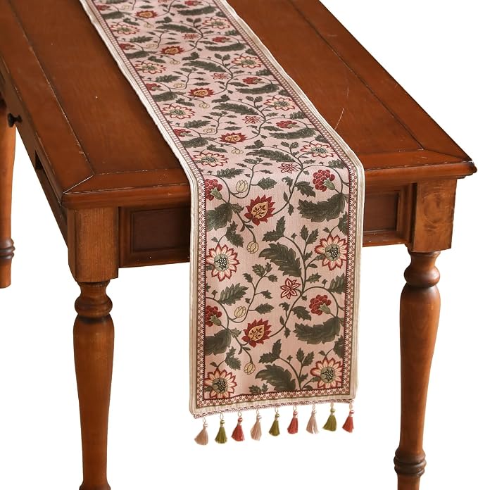 Designer Vintage Linen Long Table Runner, Floral Leave Pattern, Dining Table by Isaennehomedecoration