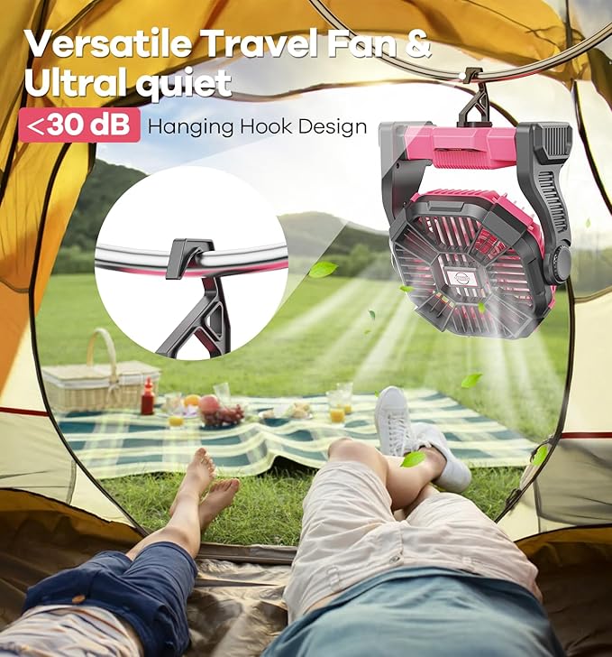 30000mAh Portable Battery Powered Camping Fan - with LED Light, Quiet Battery Operated, Camping Gear for Travel, Tent, Beach, Car or Hurricane Power Outages, Pink