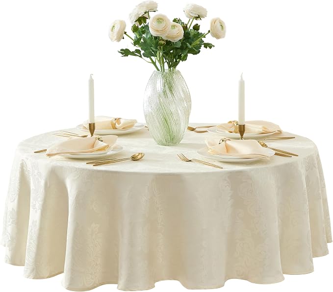 Newbridge Barcelona Luxury Damask Fabric Tablecloth, 108” Round, Antique White by HomeBargainsPlus