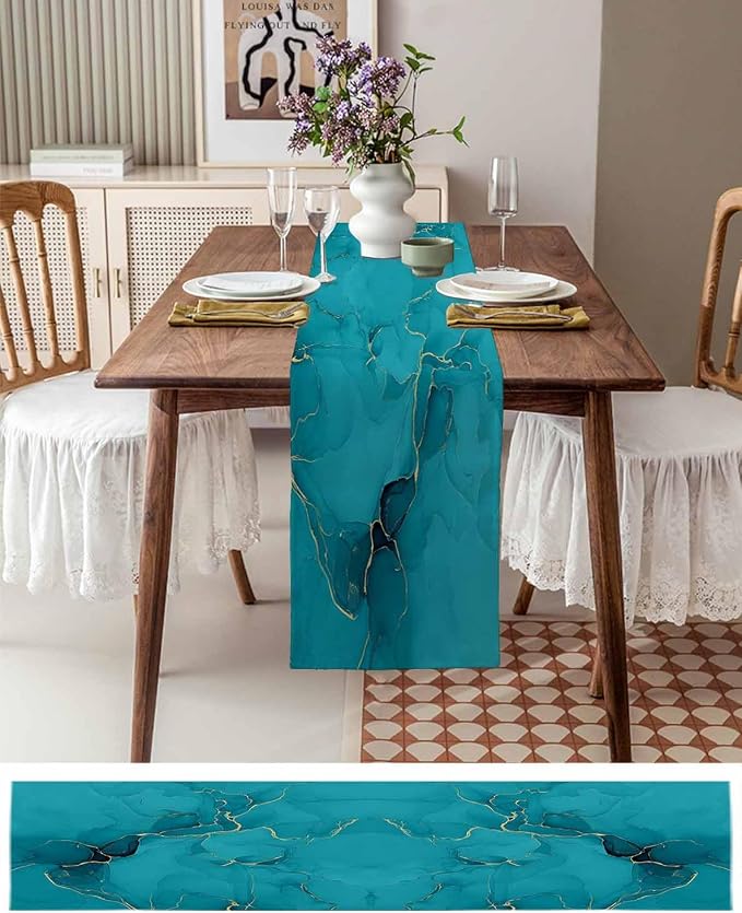 Teal Marble Table Runners 120 Inches Long, Turquoise Marble Crack Table Runner - Image 6