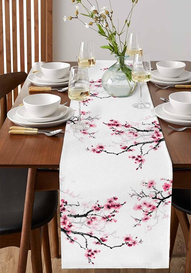 Pink Cherry Flowers Table Runners 90 Inches Long, Cotton Linen Fabric Table - Image 2
