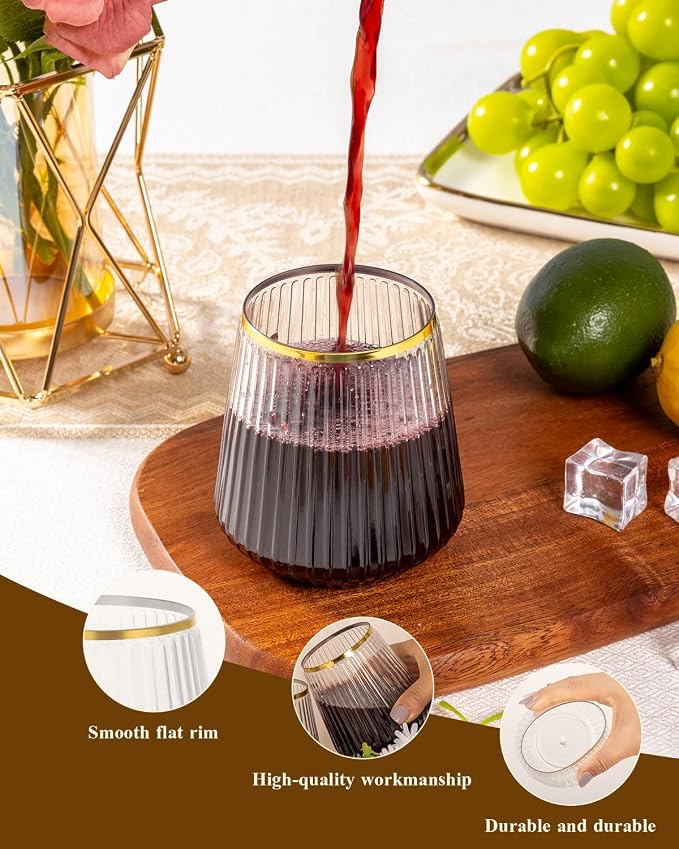 Goodluck 36 Pack 12oz Stemless Plastic Wine Glasses Clear Ribbed Gold Rim | - Image 4