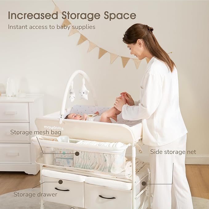 Baby Changing Table with Wheels, Maydolly Portable Foldable Changing Table, Waterproof Diaper Changing Station, Adjustable Height Changing Station, Mobile Nursery for Newborn and Infant (Beige)
