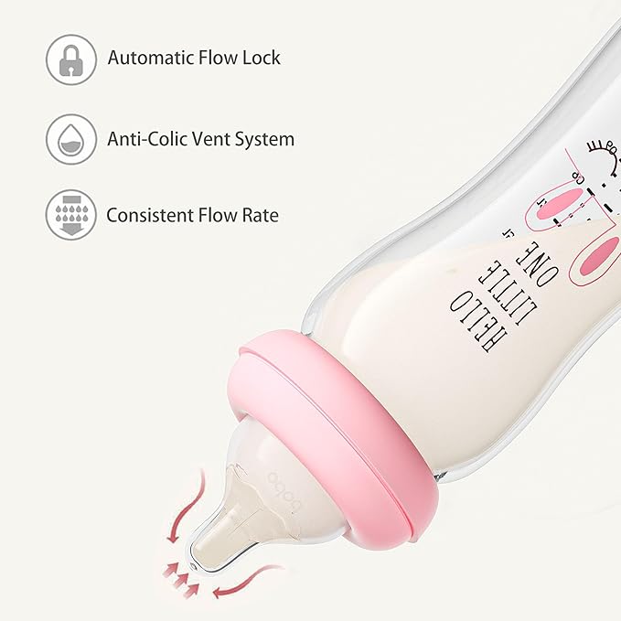 YOHKOH Natural Glass Baby Bottle with Natural Response Nipple, Newborn Anti-Colic Baby Bottles, Wide Neck Mushroom Cap Baby Bottle, Clear (8.8ounce (Pack of 4), Red1)