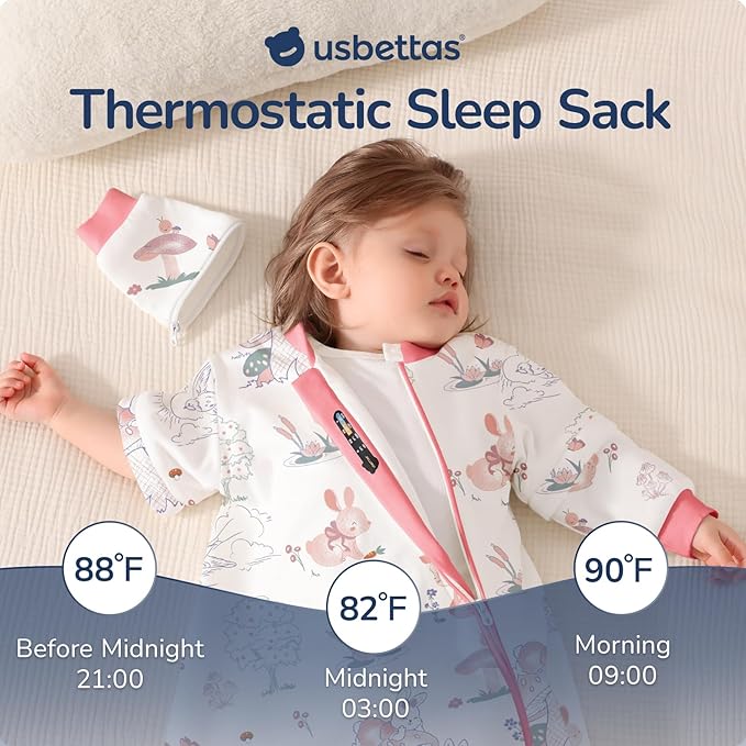 Baby Sleep Sack 3-6 Months, Cotton Detachable Long Sleeve Sleep Sack, 2.5 Tog Toddler Sleeping Sack with Temperature Strips, 2-Way Zipper Wearable Blankets for Newborns, Bunny