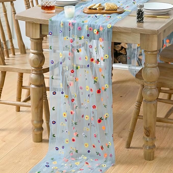 Artoid Mode Sky Blue Floral Gauze Embroidery Table Runner 120 Inch 10FT | Tulle - Image 4