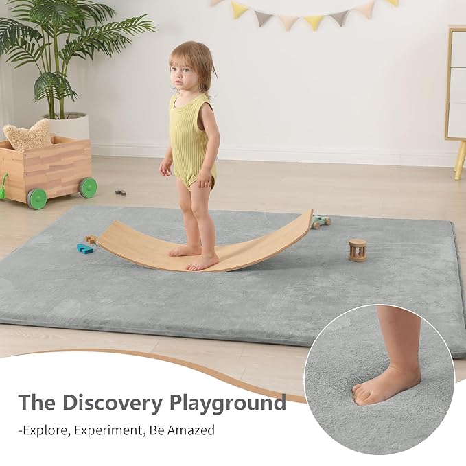 Baby Play Mat for Floor,Extra Large 59"×71" Tummy Time Mat,Thicker Memory Foam Mat for Toddler,Infant,Kid,Water Repellent Ultra Soft Coral Velvet,Non-Slip Backing Safe for Crawling(Light Grey)