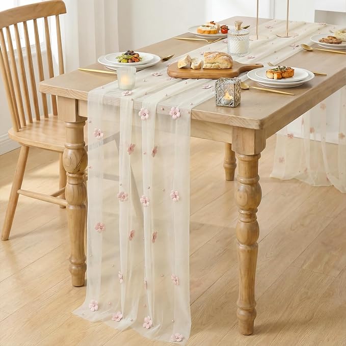 Artoid Mode Yellow Flower Pearl White Gauze Table Runner 10FT 3PC, Seasonal - Image 3