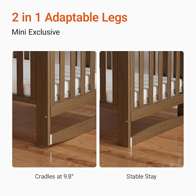 EvoNest Baby Crib, 11 in 1 Convertible Mini Crib with Wheels, 100% New Zealand Wood Growing Bed, 4 Adjustable Mattress Height ，Walnut Brown