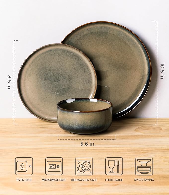 Ceramic Dinnerware Set for 4, 12-Piece Plates and Bowls Set | Handmade Reactive - Image 2