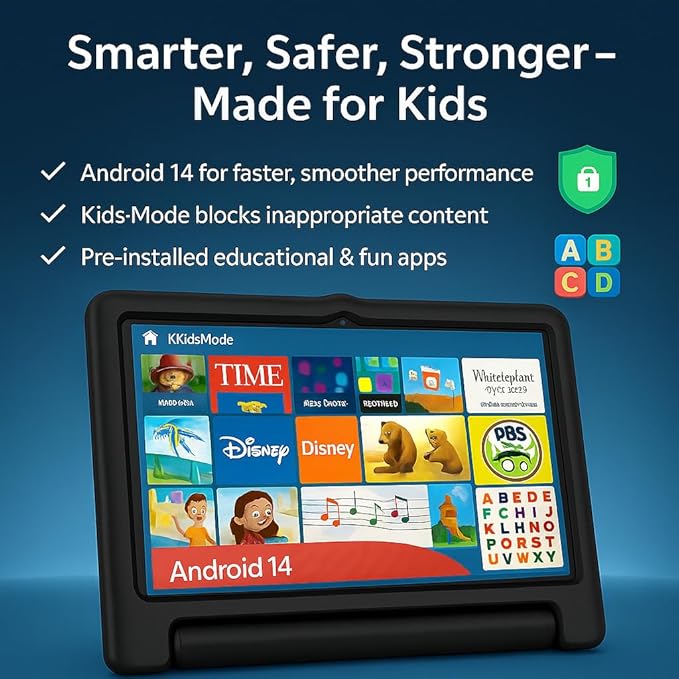 10.1 Inch Kids Tablet with Shockproof Case | Android 14, 64GB+8GB RAM, 12H Battery | Parental Control, Google Kids Space & Preloaded Educational Apps | WiFi 6, HD Display, Ages 3-12