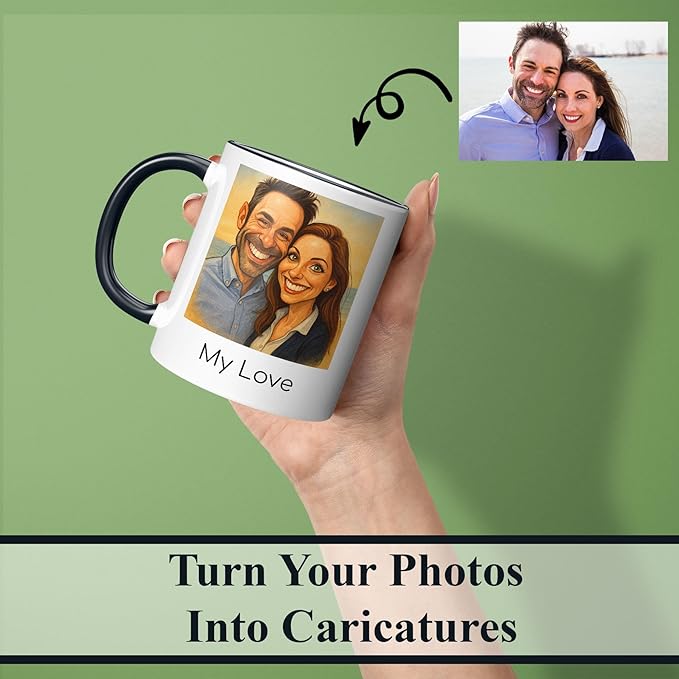 Personalized Coffee Mug, Custom Photo Caricature Gift, Funny Customized Coffee Gift for Men & Women, Custom Mugs with Pictures, Teal 11oz Customized Ceramic Tea Cup
