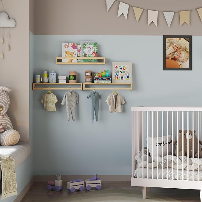 Heimlove Nursery Floating Shelves, Wood Nursery Book Shelves for Wall, 24 inch Wall Bookshelf for Kids Solid Wood for Books,Toys and Decor Storage, Set of 3