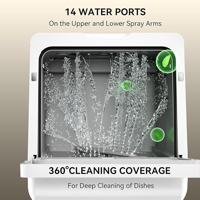 Hermitlux Countertop Dishwasher, 7 Washing Programs Portable Mini Dishwasher with 5-Liter Built-in Water Tank for Apartments & RVs, LED Light, Glass Door, No Hookup Needed