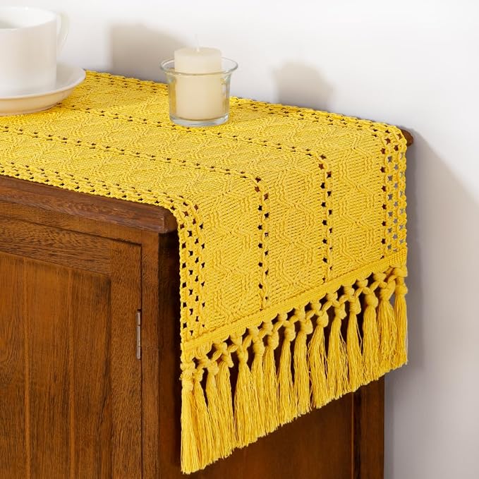 DeZerlor Yellow Boho Macrame Farmhouse Woven Table Runner 90Inch | Cotton Linen - Image 4