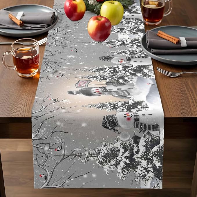 Christmas Snowman Short Table Runners 36 Inches, Cotton Linen Fabric Snowflake - Image 7
