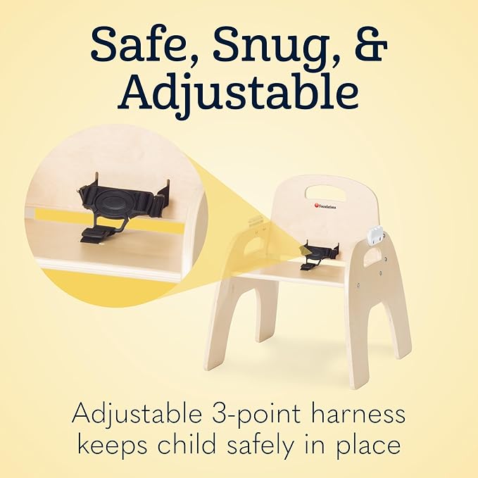 Foundations Easy Serve 13" Wood Feeding Chair for Toddlers, Adjustable Harness, Removable Dishwasher Safe Tray, “No Tip” Base, Baltic Birch Plywood