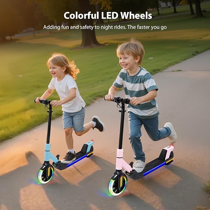 Foldable Children's Electric Scooter (Ages 6-14) - Top Speed 16 km/h, Maximum Range 8 km, 7-inch Illuminated Front Wheel, 6-inch Solid Rear Wheel