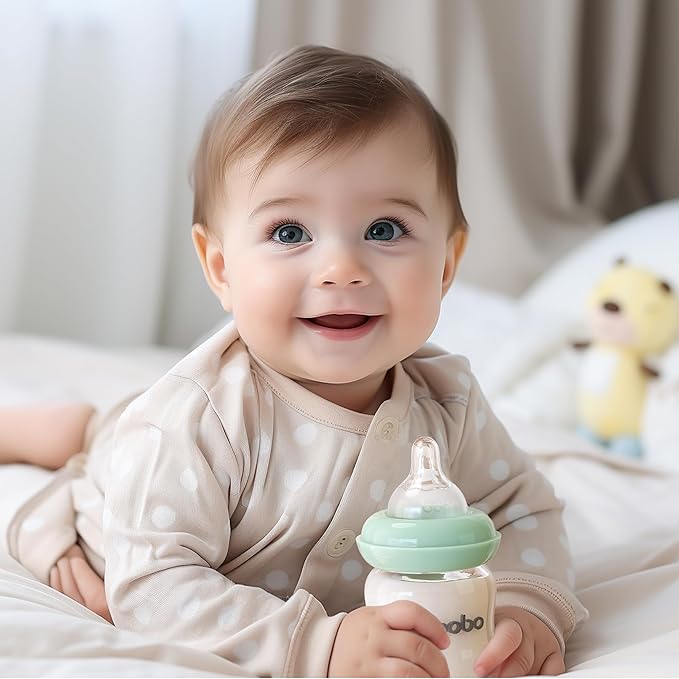 YOHKOH Natural Glass Baby Bottle with Natural Response Nipple, Newborn Anti-Colic Baby Bottles, Wide Neck Mushroom Cap Baby Bottle, Clear (3.4oz (Pack of 4), Blue)