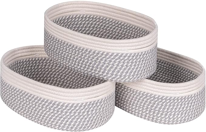 Shelf Storage Baskets for Organizing|Decorative Basket for Closet Storage|Toy Baskets&Bins|Small Woven Rope Baskets-13x8.66x5.11’’,Durable&Stylish,Oval 3 Packs Off White&Mixed Gray