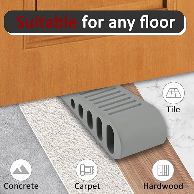 JQK Rubber Door Stopper Wedge, Grey 2 Pack Soft TPR Premium Door Stops for Bottom of Heavy Duty Door on Tile, Concrete, Carpet, Wooden Floor, DSB61-GY-P2