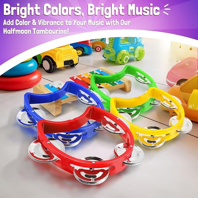 Flexzion Half Moon Musical Tambourine Set of 4, Red Yellow Blue Green, Double Row Metal Jingles Hand Held Percussion Drum with Ergonomic Handle Grip