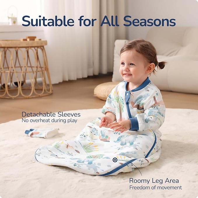 Baby Sleep Sack 18-24 Months, Cotton Detachable Long Sleeve Sleep Sack, 2.5 Tog Toddler Sleeping Sack with Temperature Strips, 2-Way Zipper Wearable Blankets for Newborns, Dinosaur