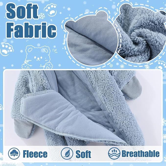 Fairy Baby Newborn Baby Winter Snowsuit Bear Thick Romper Footie Double Zip Hooded Jumpsuit Fleece Coat Infant Boy Girl 0-12M