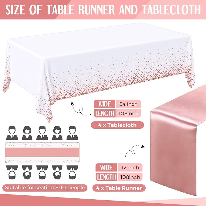 8 Pack White and Rose Gold Disposable Plastic Tablecloths and Satin Table - Image 2