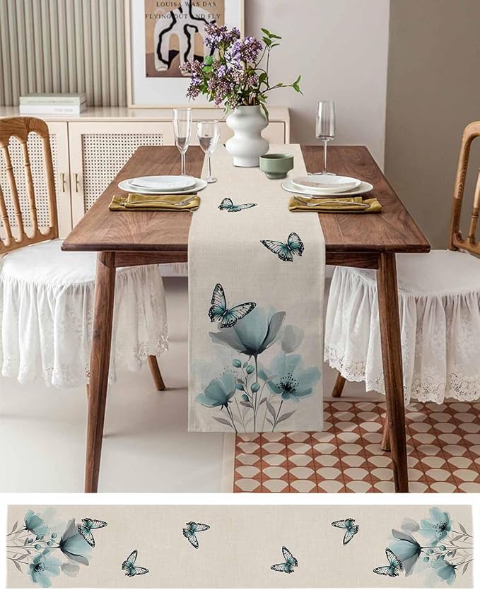 Turquoise Floral Table Runners 108 Inches Long, Spring Flowers Butterfly Table - Image 6