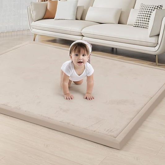 ACOMOPACK Baby Play Mat for Floor 1.3" Thick Memory Foam Play Mat 71"×79" Tummy Time Crawling with Non-Slip Bottom for Living Room,Nursery,Soft Velvet Playpen Mats for Kids,Infants（Beige）