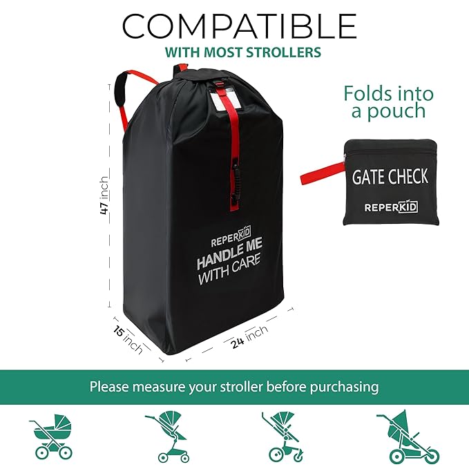 reperkid Large Stroller Bag for Airplane Travel, Black & Red, 47" H x 24" W x 15" D, Fits Most Large, Single, Double, Jogging Strollers – Premium Waterproof Cover, Adjustable Shoulder Straps