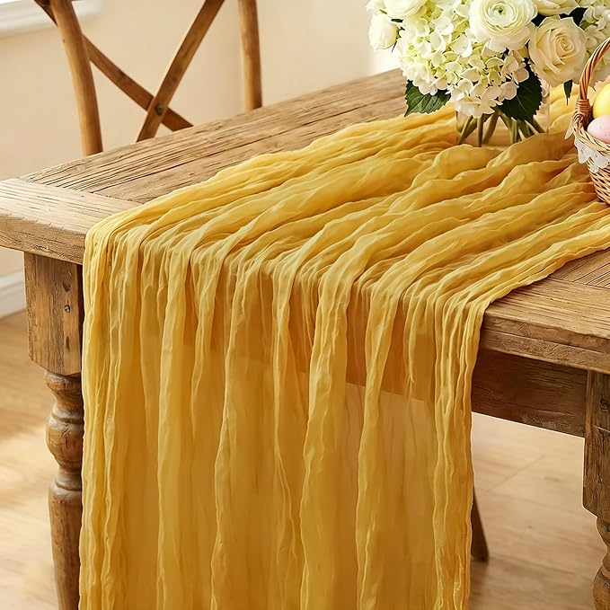 3Pcs Yellow Table Runner, 10FT Rustic Gauze Gold Table Runner 35*120inch Boho by Miucat