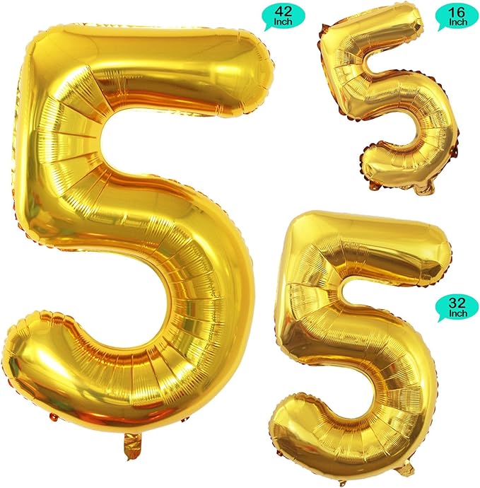 GOER Gold Foil Balloons Number 5,Huge Number Balloons for 5th 55th Birthday Party Supplies Anniversary Decorations (3 pcs,42 inch,32 inch,16inch)