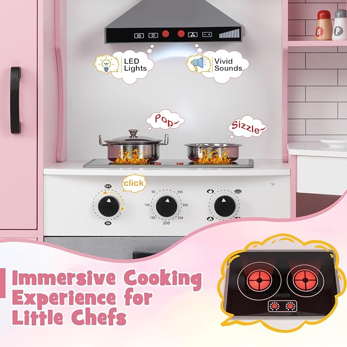 Costzon Corner Kids Kitchen Playset, Wooden Play Kitchen with Sounds & Lights, Washing Machine, Range Hood, Ice Maker, Microwave, Oven, Sink, Pretend Toy Kitchen Set for Toddler, Gift for Boys Girls