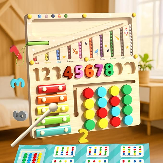 Magnetic Color and Number Maze, Xylophone, Sliding Puzzle & Number Match 4-in-1 Wooden Toy for Kids Montessori Fine Motor Skills Educational Toy for Preschool Learning and Home Play