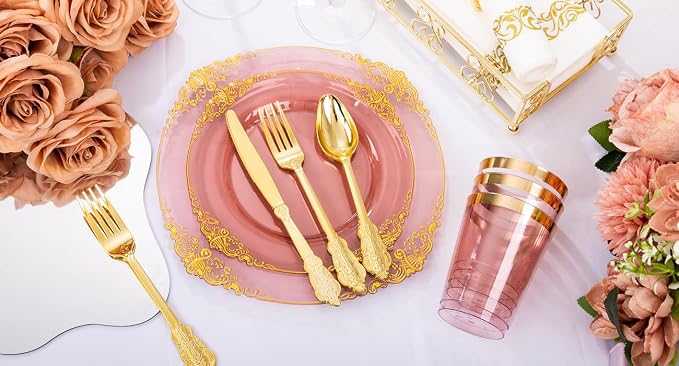 175 Pcs Burgundy Gold Plates for Party | Burgundy Party Plates Set for 25 Guests - Image 9