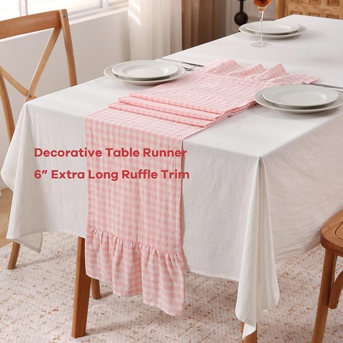 Peachy Blush White Plaid Gingham Ruffle Table Runner 72 inches Long 100% Washed - Image 3