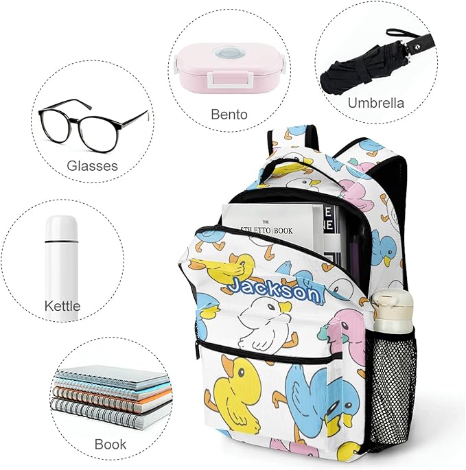 Duck Cartoon Doodle Custom Kids Backpack for Boy Girl, Personalized Waterproof Child School Travel Bag with Name, 16.5’’ X 12.2’’ X 5.9’’