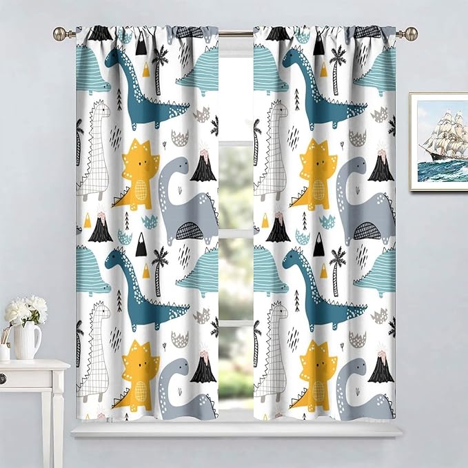 Kids Dinosaur Curtains for Boy Girl Bedroom Decor Cartoon Dino Colorful Cute Funny Wildlife Animal Printed Blackout Rod Pocket Window Drapes for Baby Nursery Playroom Living Room W31.5xL63in 2 Panels