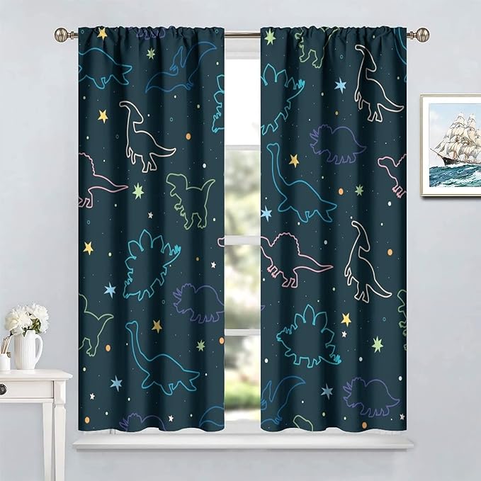 Cartoon Colorful Dinosaur Curtains for Kids Boys Girls Home Decor, Astronaut Funny Outer Space Star Blackout Rod Pocket Window Drapes for Bedroom Living Room W21xL45in 2 Panels