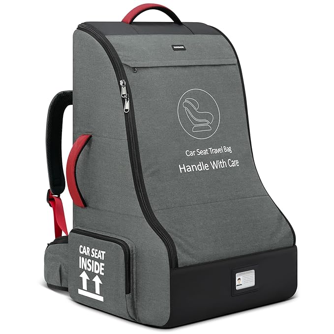 RAINSMORE Padded Car Seat Travel Bag for Airplane Heavy Duty Car Seat Backpack for Air Travel Baby Carseat Cover Bags for Airport Large Car Seats Carrier Fits Car Seats & Booster Seats,Gray