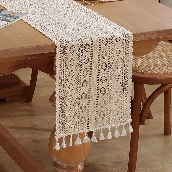 meioro Crochet Lace Table Runner, 10x64 Inch Boho Cotton Table Runners by meioro