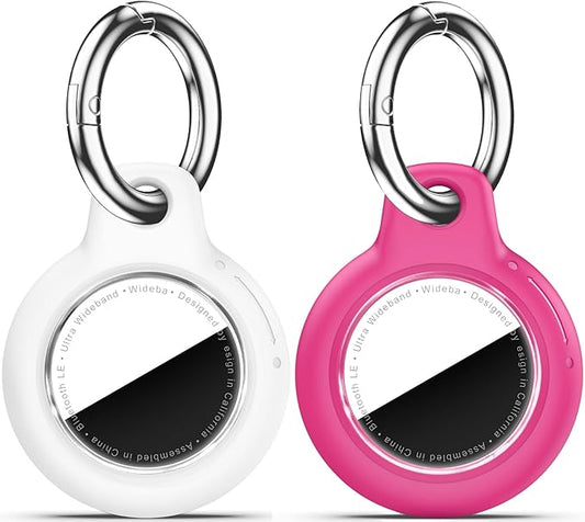 Upgrade Waterproof 2 Pack Airtags Holder with Apple Airtags Keychain, Hard PC Air Tag Case, Anti-Scratch & Shock Air tag Holder, Men's Women's Keyrings & Keychains-White+Rose Red