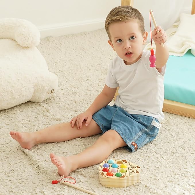 Montessori Magnetic Wooden Fishing Game for Toddlers 1-3 Years Old,Fine Motor Skills Early Learning Eyes Hands Cooperation Toy for Boys & Girls Great Birthday Gift
