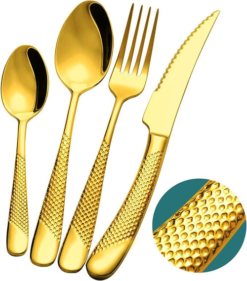 16-Piece Luxury Gold Hammered 18/10 Stainless Steel Silverware Set | Ultra by Xideman