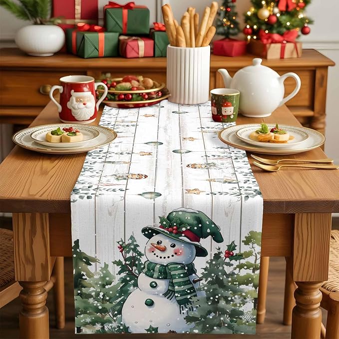 Christmas Snowman Table Runner 48 Inches Long, Xmas Trees Eucalyptus Leaves - Image 5