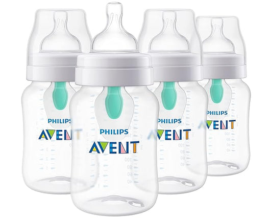 Philips Avent Anti-Colic Baby Bottle with AirFree Vent, 9oz, with Flow 2 Nipples, 1m+, 4pk, Clear, SCY703/04