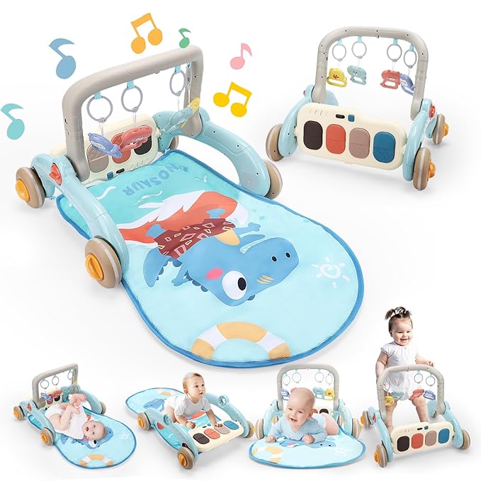 2 in 1 Baby Play Gym with Walker for Newborn, Baby Play Mat Activity Gym with 4 Infant Learning Sensory Tummy Time Mat for Infant Christmas Gifts Adjustable Height (Blue)
